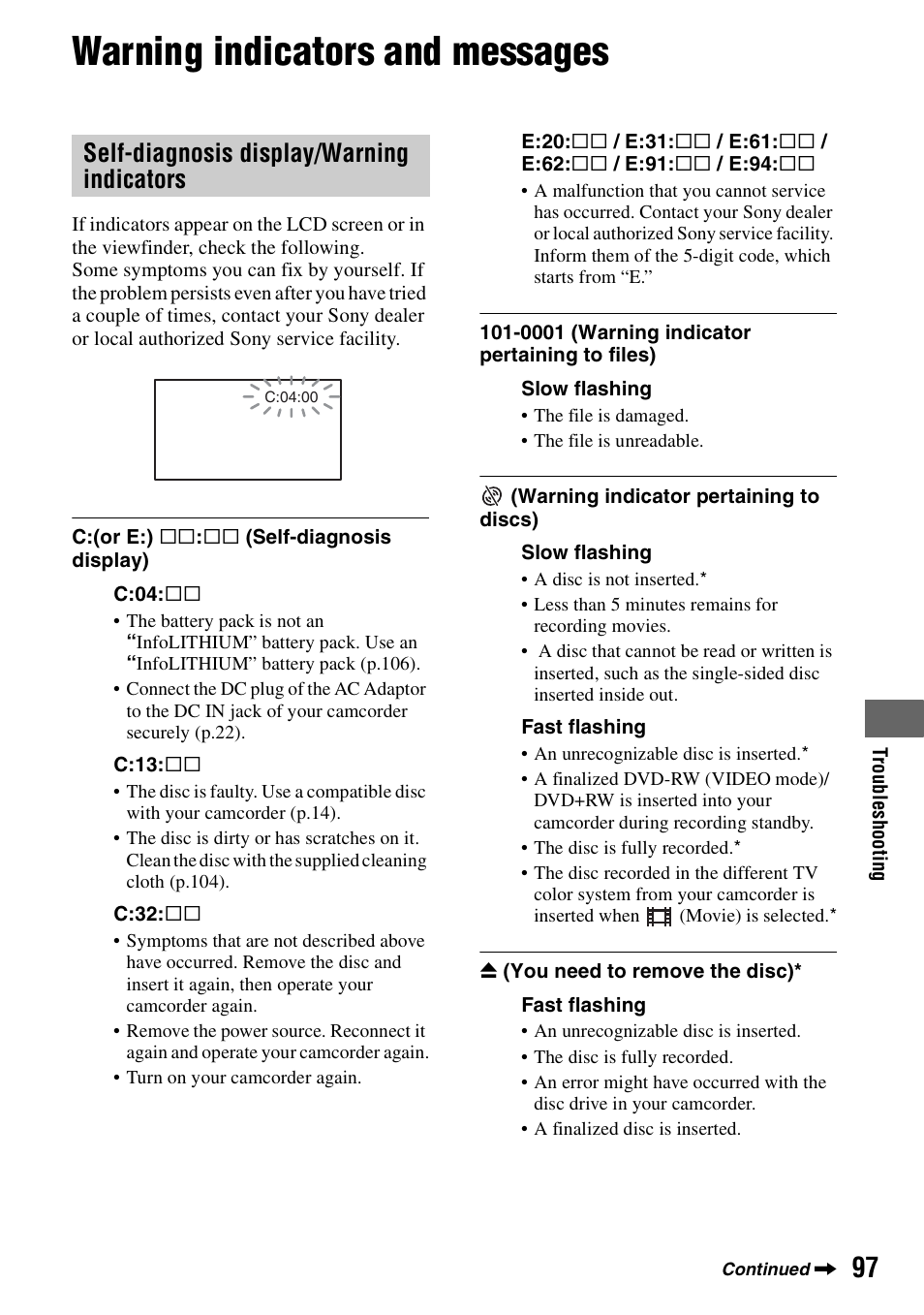 Warning indicators and messages, Self-diagnosis display/warning indicators | Sony DCR-DVD508 User Manual | Page 97 / 139