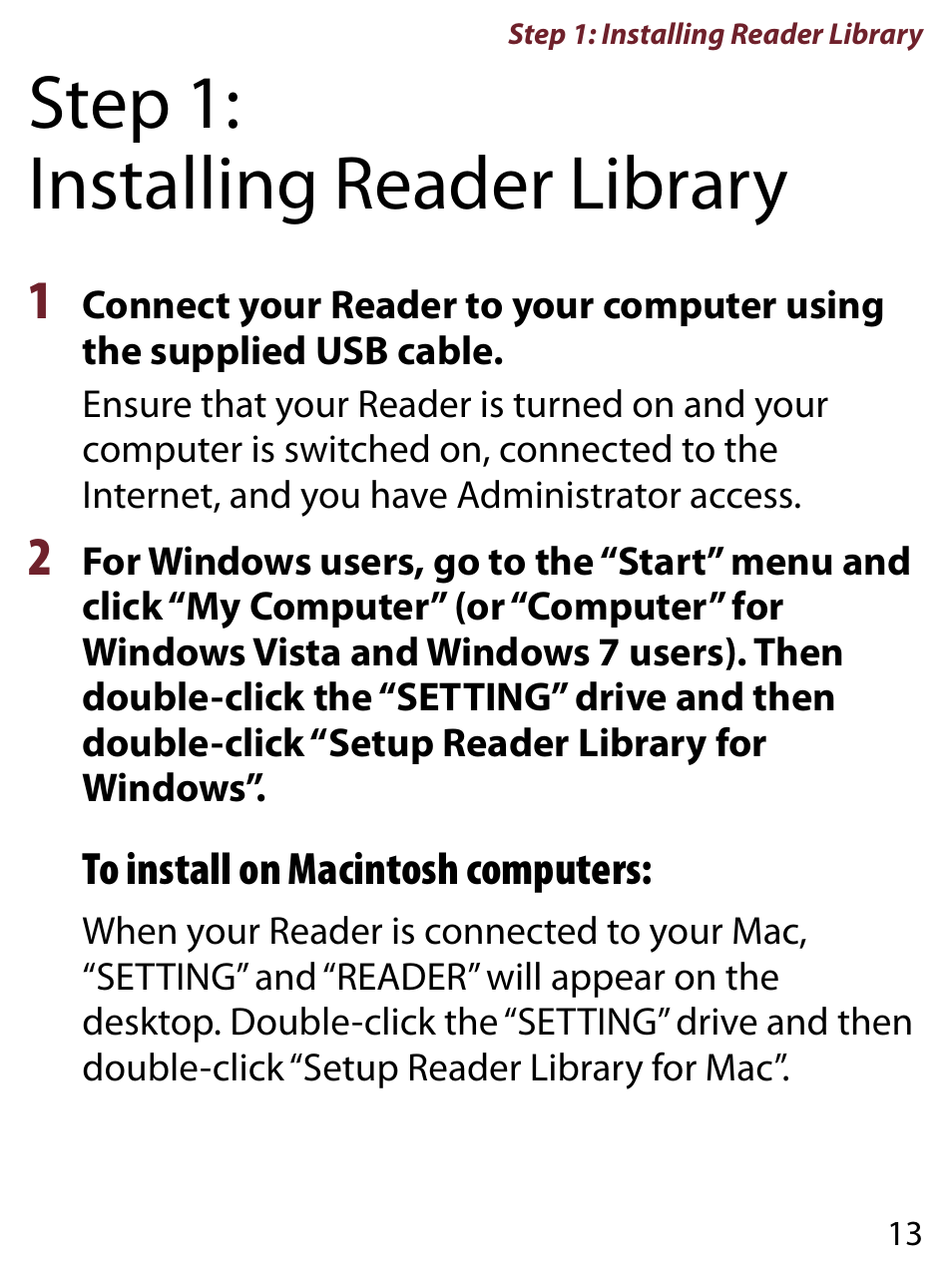 Step 1:installing reader library, Step 1: installing reader library | Sony PRS-650RC User Manual | Page 13 / 29