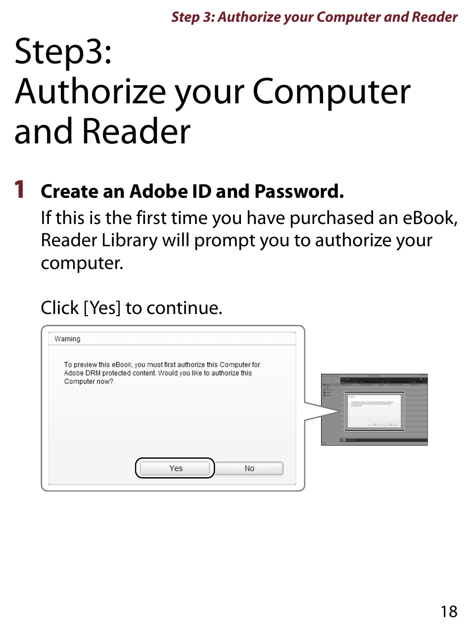 Step3:authorize your computer and reader, 1 create an adobe id and password, Step: authorize your computer and reader | Sony PRS-650RC User Manual | Page 18 / 29