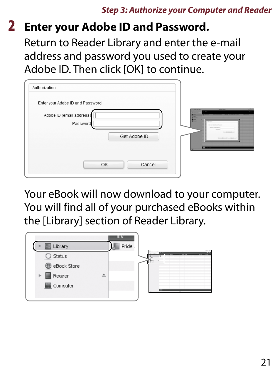 2 enter your adobe id and password, Ep 2 | Sony PRS-650RC User Manual | Page 21 / 29