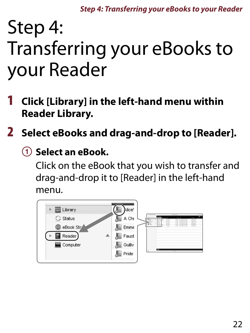 Step 4:transferring your ebooks to your reader, 2 select ebooks and drag-and-drop to [reader, Step 4: transferring your ebooks to your reader | Sony PRS-650RC User Manual | Page 22 / 29