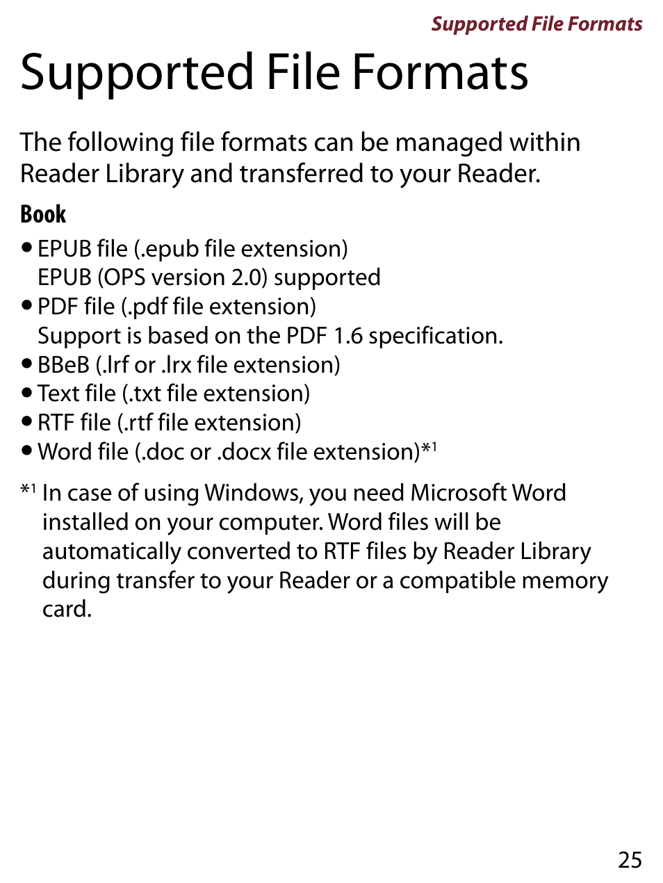 Supported file formats | Sony PRS-650RC User Manual | Page 25 / 29