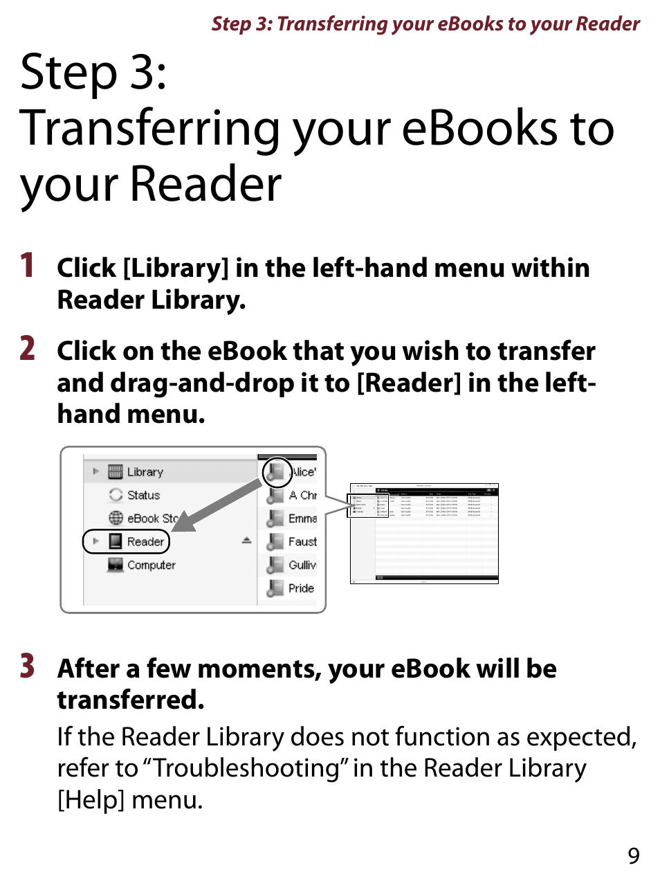 Step 3:transferring your ebooks to your reader, Step : transferring your ebooks to your reader | Sony PRS-650RC User Manual | Page 9 / 29