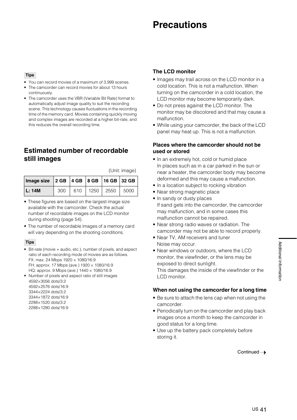 Estimated number of recordable still images, Precautions | Sony NEX-VG10 User Manual | Page 40 / 161
