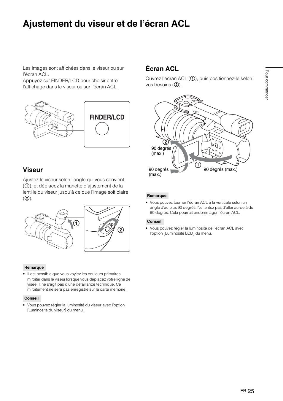 Ajustement du viseur et de l’écran acl, Viseur, Écran acl | Sony NEX-VG10 User Manual | Page 78 / 161
