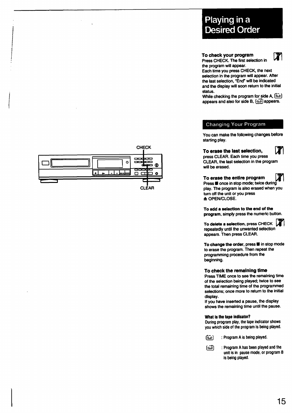 To check your program, To erase the entire program, To check the remaining time | Playing in a desired order | Sony CDP-211 User Manual | Page 15 / 23