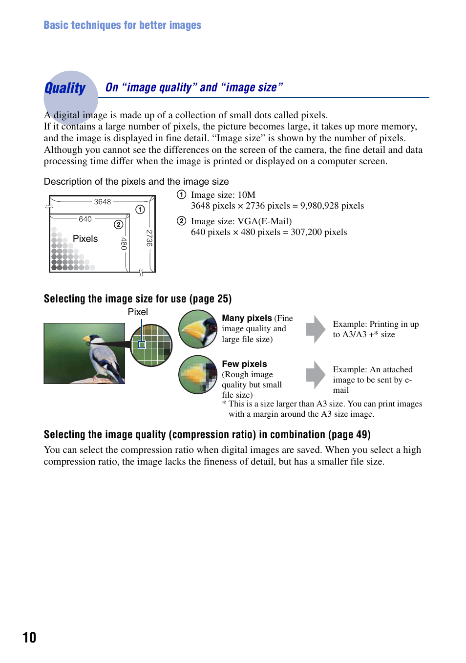 Quality – on “image quality” and “image size, Quality | Sony DSC-N2 User Manual | Page 10 / 132