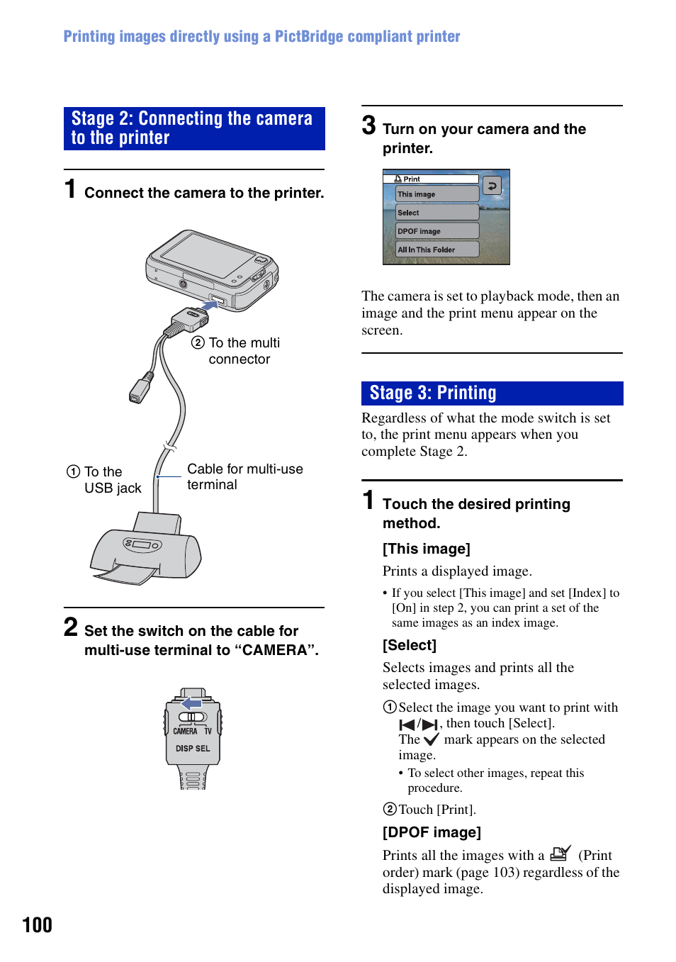 Stage 2: connecting the camera to the printer, Stage 3: printing | Sony DSC-N2 User Manual | Page 100 / 132