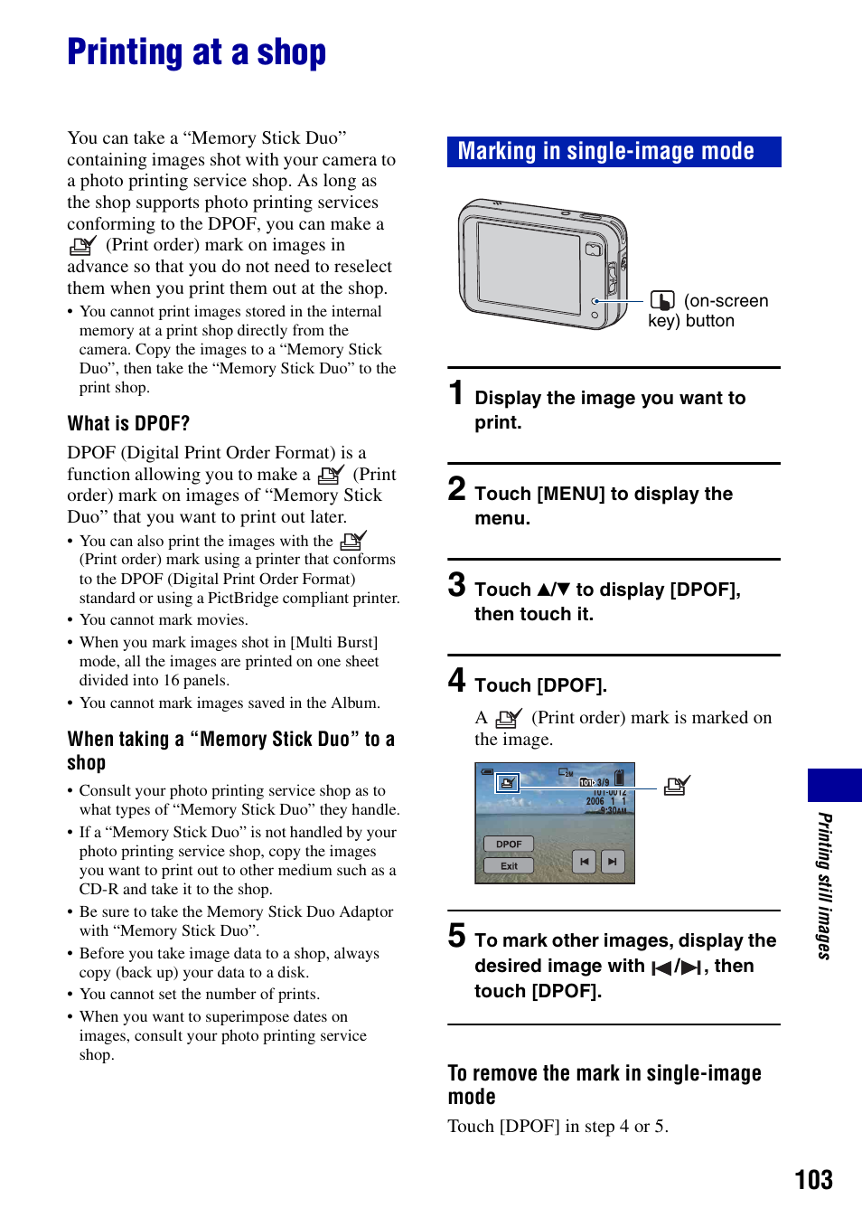 Printing at a shop, Marking in single-image mode | Sony DSC-N2 User Manual | Page 103 / 132