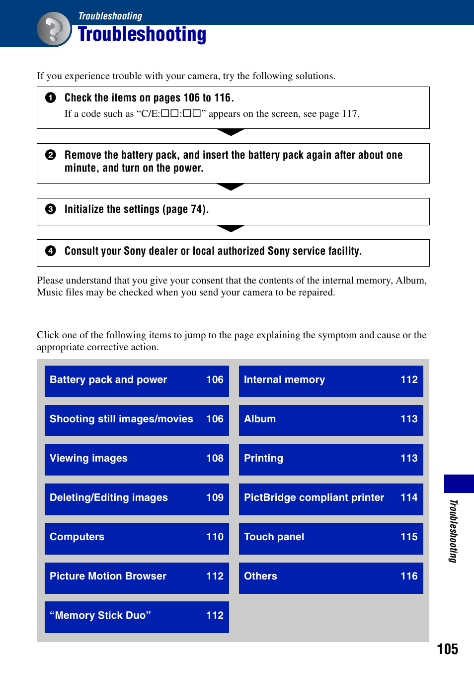 Troubleshooting | Sony DSC-N2 User Manual | Page 105 / 132