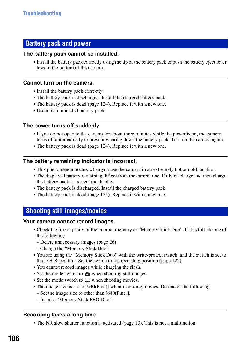 S 106 t, Battery pack and power, Shooting still images/movies | Sony DSC-N2 User Manual | Page 106 / 132