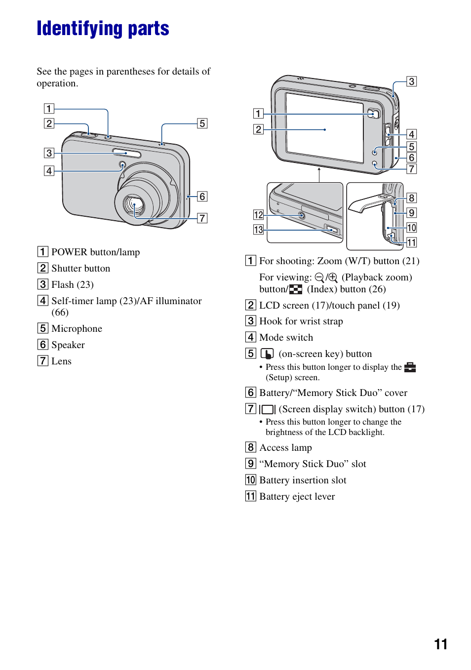 Identifying parts | Sony DSC-N2 User Manual | Page 11 / 132