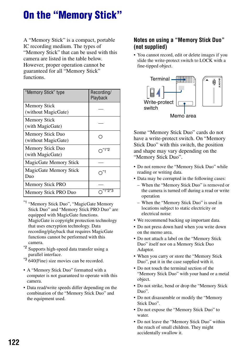 On the “memory stick | Sony DSC-N2 User Manual | Page 122 / 132