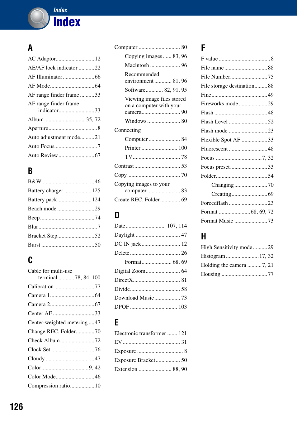 Index | Sony DSC-N2 User Manual | Page 126 / 132