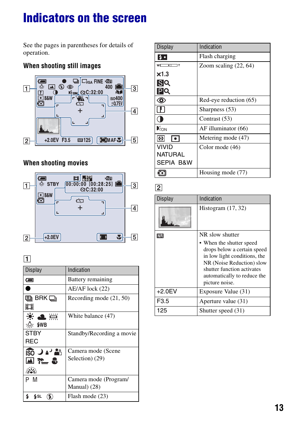 Indicators on the screen | Sony DSC-N2 User Manual | Page 13 / 132