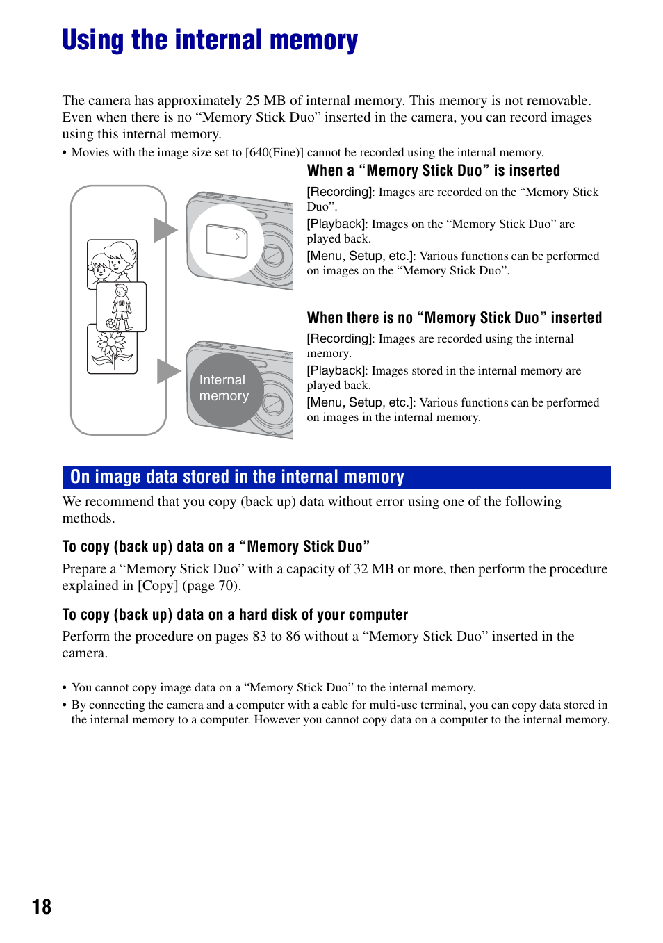 Using the internal memory | Sony DSC-N2 User Manual | Page 18 / 132