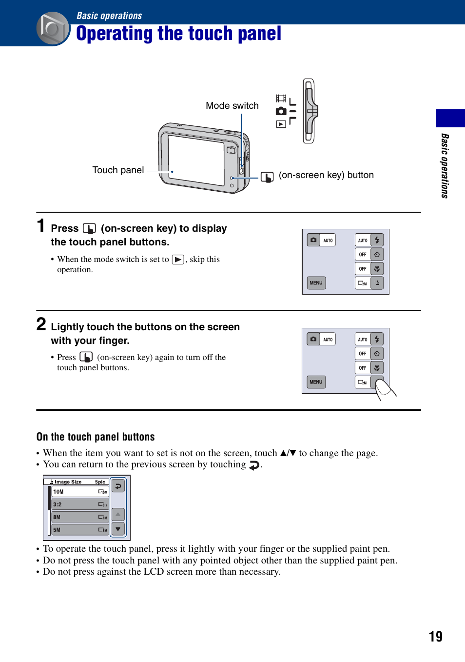 Basic operations, Operating the touch panel | Sony DSC-N2 User Manual | Page 19 / 132