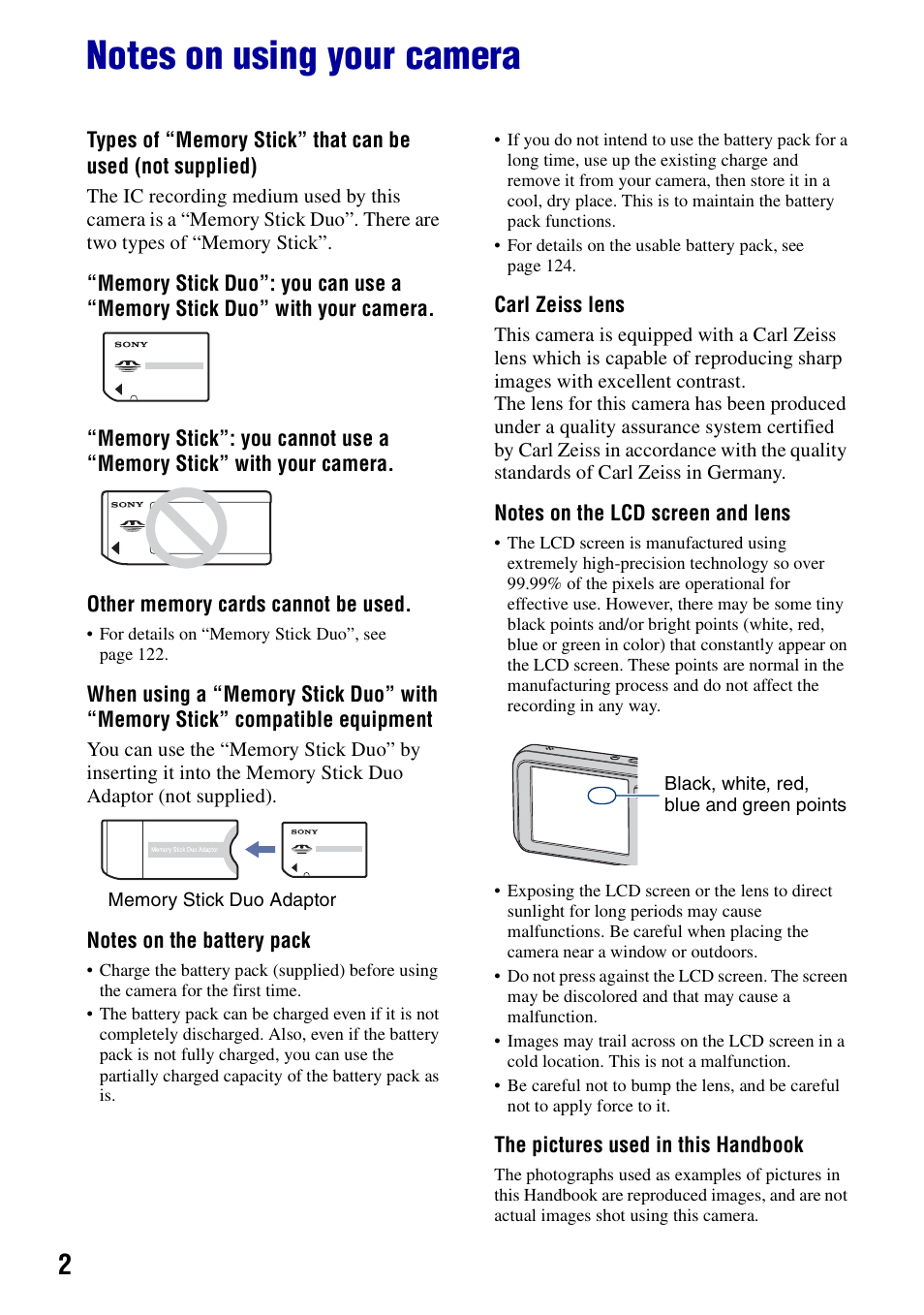 Notes on using your camera | Sony DSC-N2 User Manual | Page 2 / 132