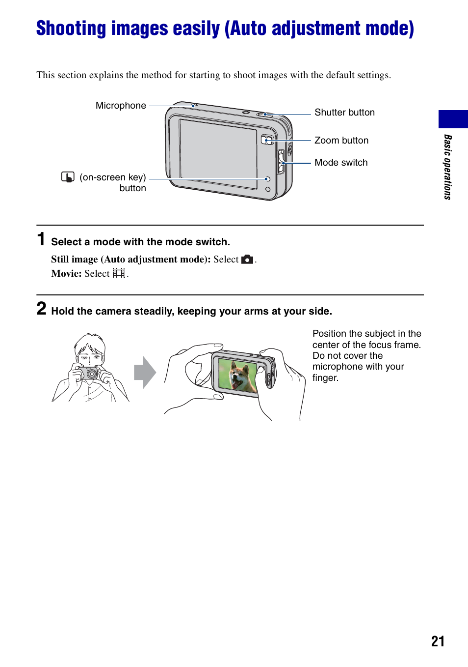 Shooting images easily (auto adjustment mode) | Sony DSC-N2 User Manual | Page 21 / 132