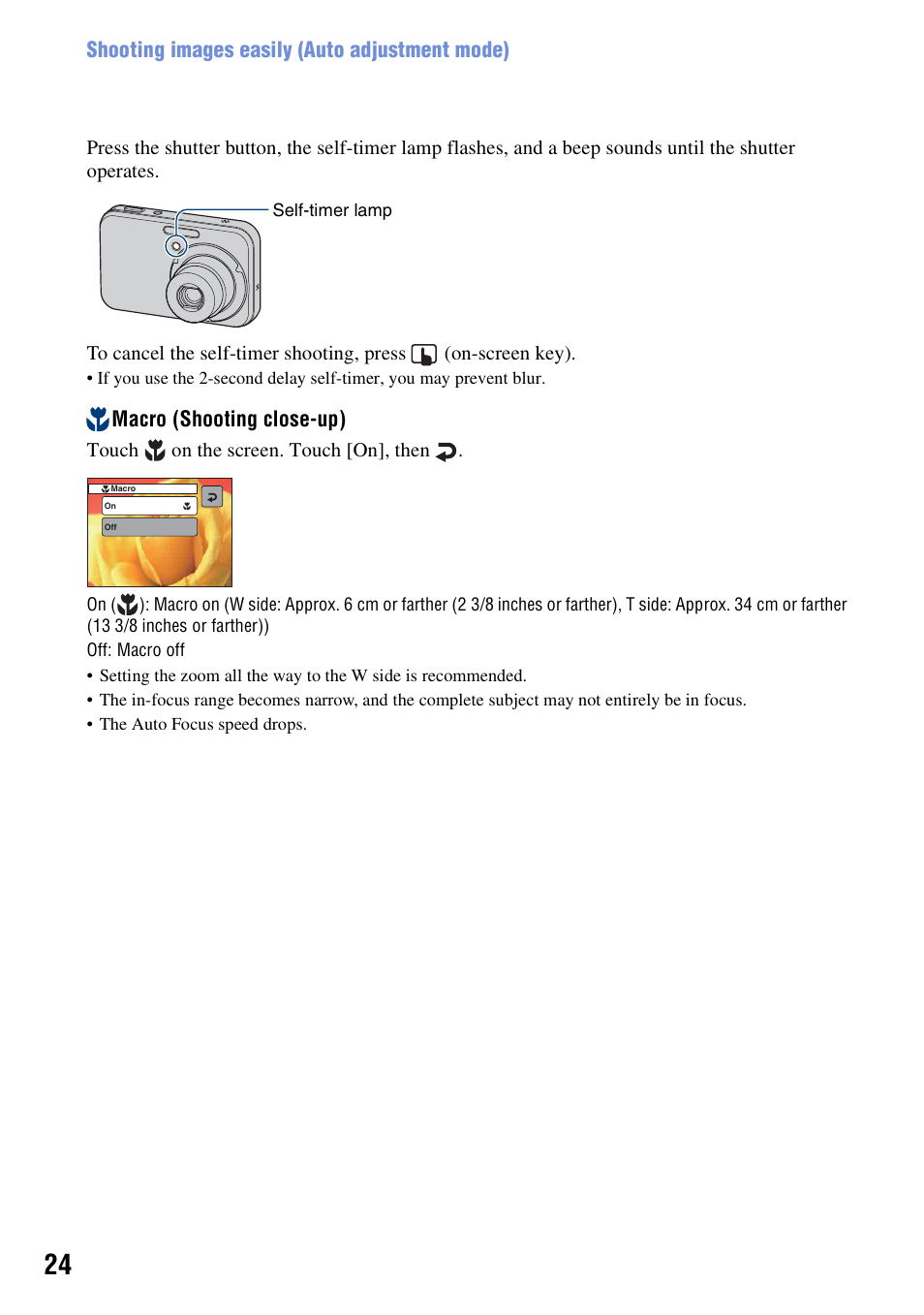 Shooting images easily (auto adjustment mode), Macro (shooting close-up) | Sony DSC-N2 User Manual | Page 24 / 132