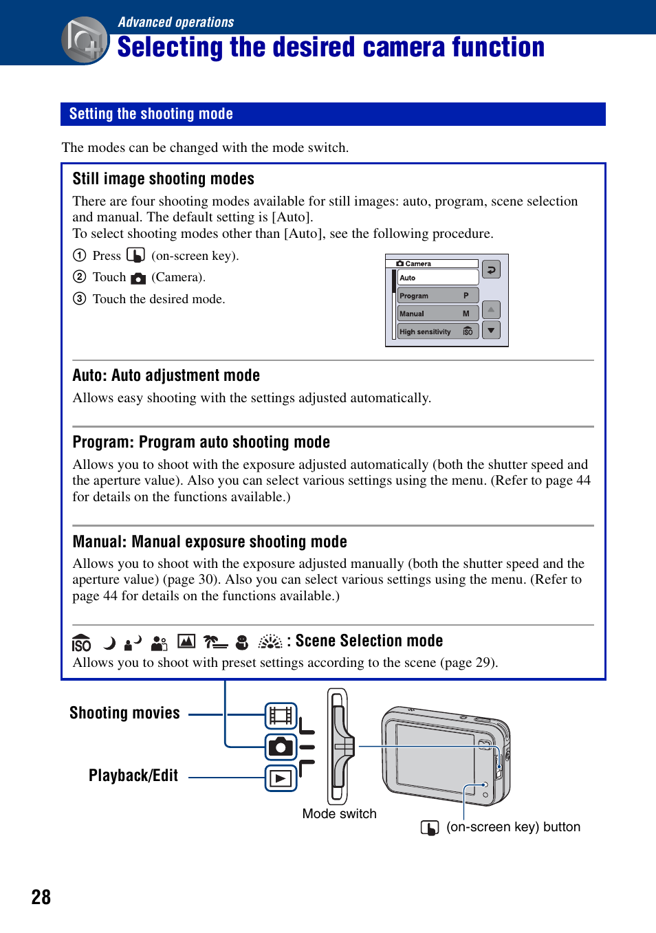 Advanced operations, Selecting the desired camera function, Setting the shooting mode | Sony DSC-N2 User Manual | Page 28 / 132