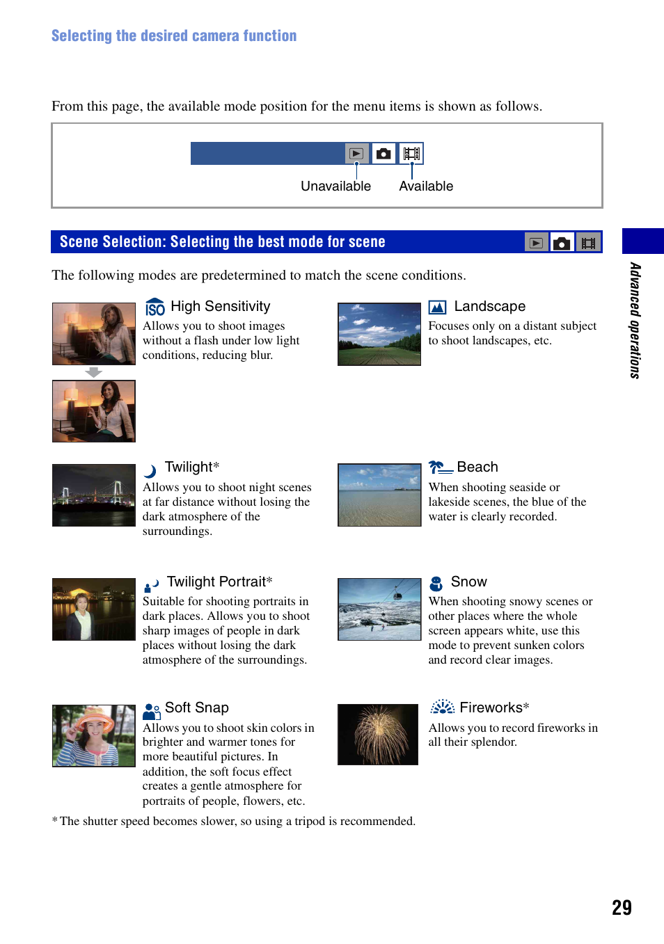 Scene selection: selecting the best mode for scene | Sony DSC-N2 User Manual | Page 29 / 132