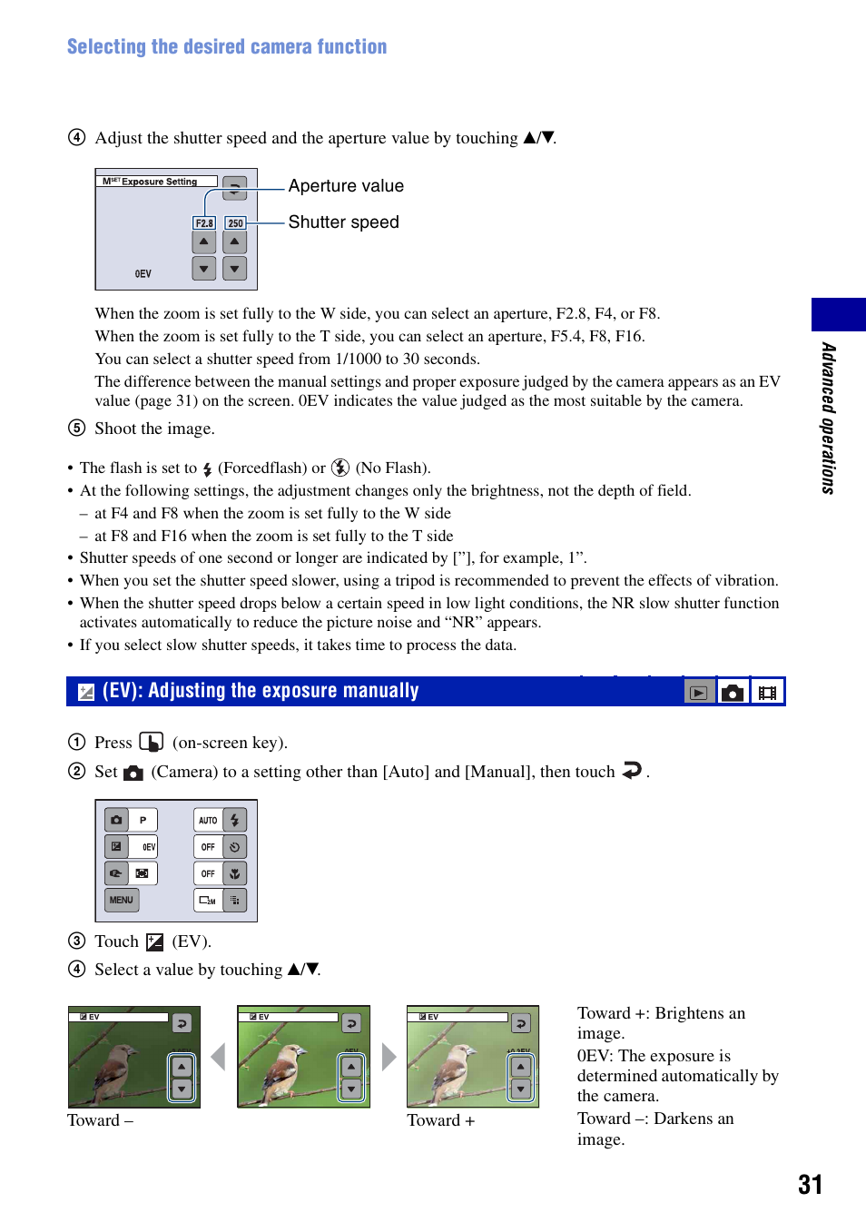 Ev): adjusting the exposure manually, E (31) | Sony DSC-N2 User Manual | Page 31 / 132