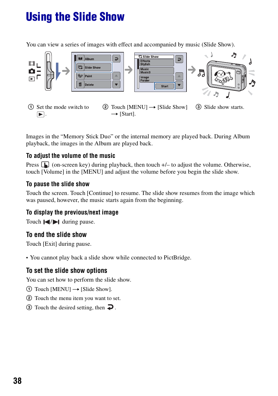 Using the slide show | Sony DSC-N2 User Manual | Page 38 / 132