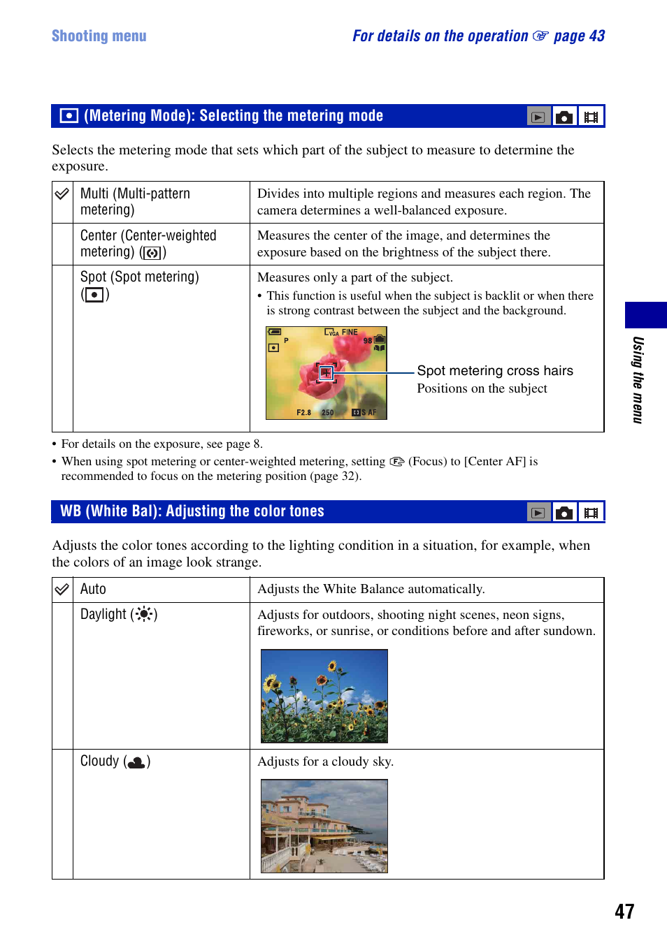 Metering mode): selecting the metering mode, Wb (white bal): adjusting the color tones | Sony DSC-N2 User Manual | Page 47 / 132