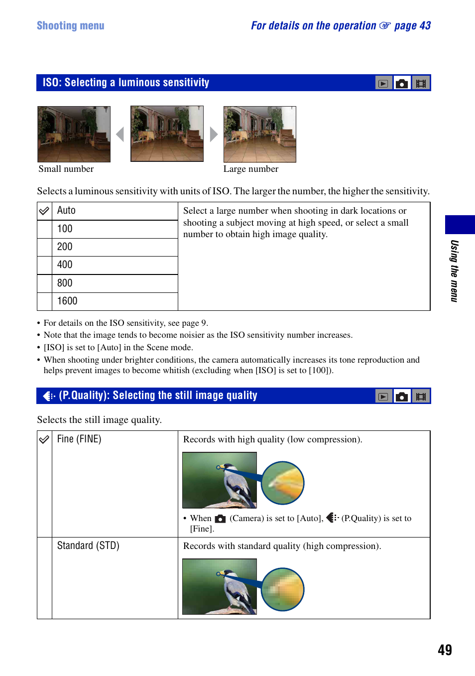 Iso: selecting a luminous sensitivity, P.quality): selecting the still image quality, Y (49) | Er (49) | Sony DSC-N2 User Manual | Page 49 / 132