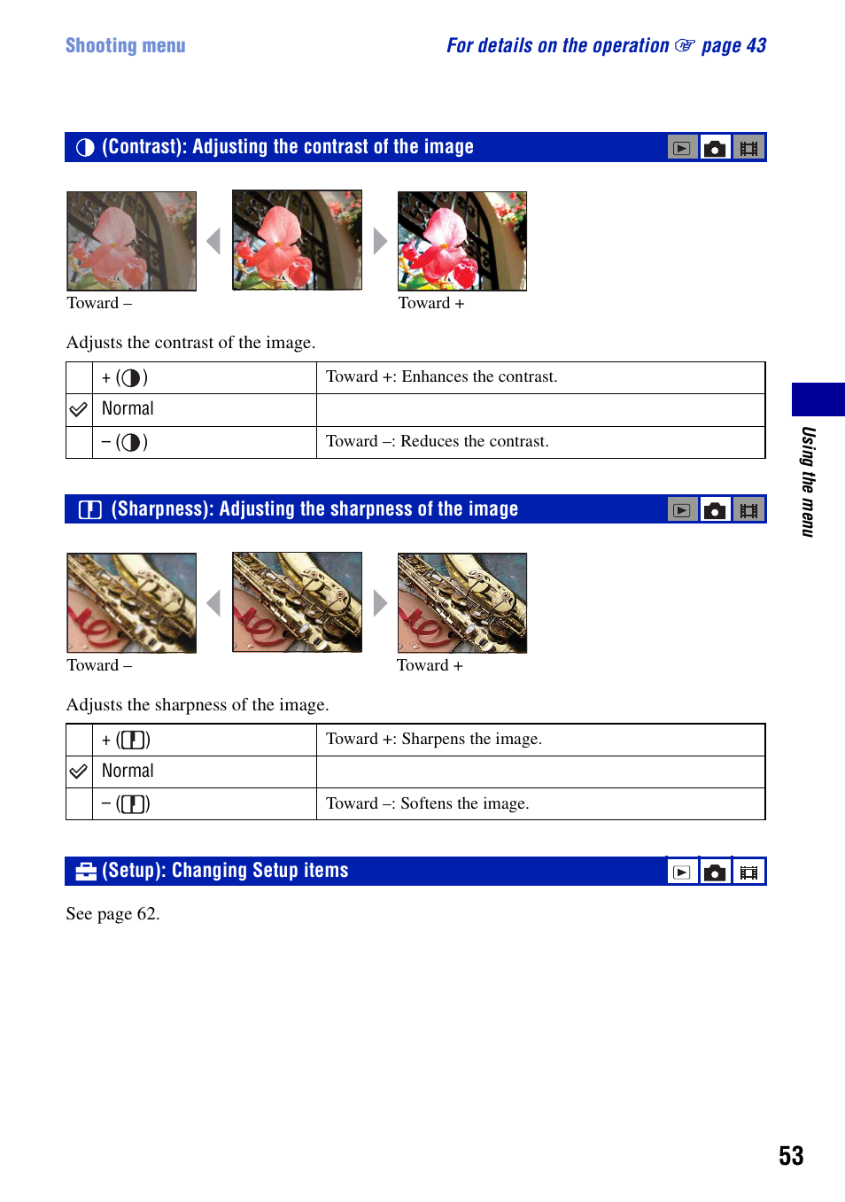 Contrast): adjusting the contrast of the image, Sharpness): adjusting the sharpness of the image, Setup): changing setup items | Sony DSC-N2 User Manual | Page 53 / 132