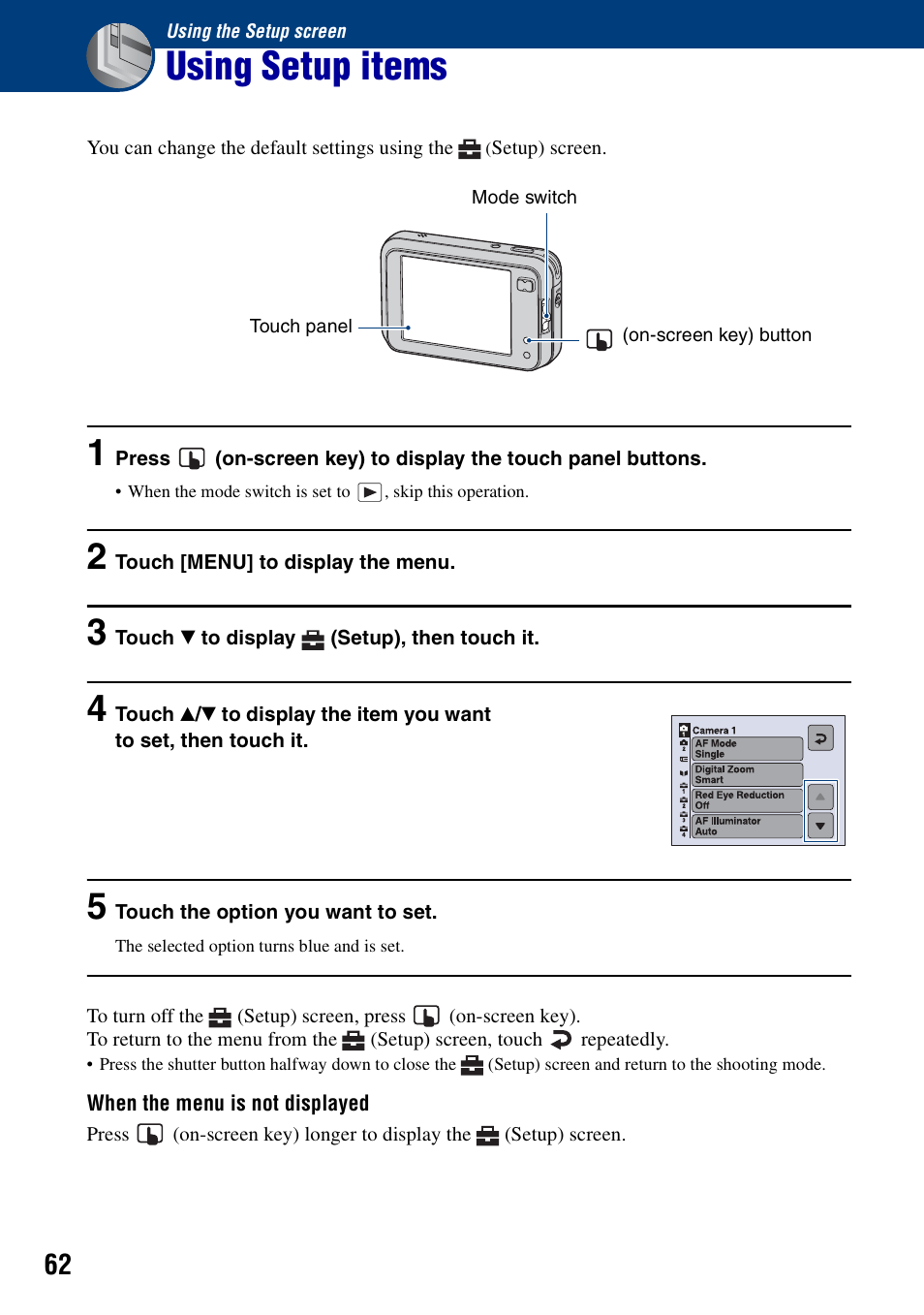 Using the setup screen, Using setup items | Sony DSC-N2 User Manual | Page 62 / 132