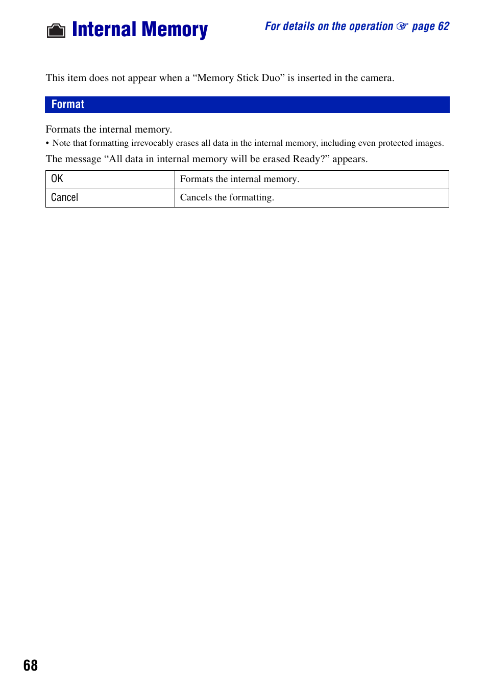 Internal memory, Format | Sony DSC-N2 User Manual | Page 68 / 132