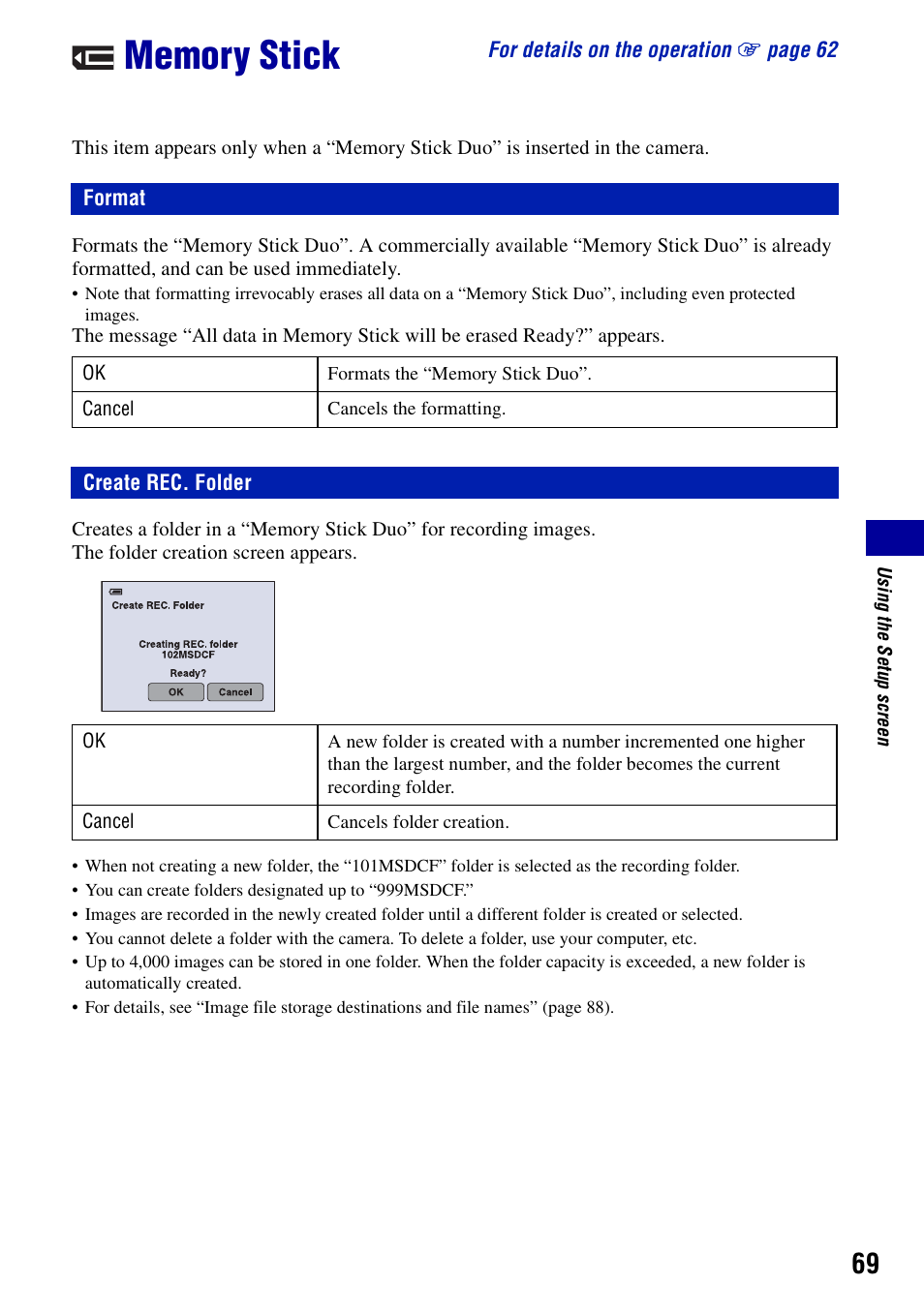 Memory stick, Format, Create rec. folder | Format create rec. folder | Sony DSC-N2 User Manual | Page 69 / 132