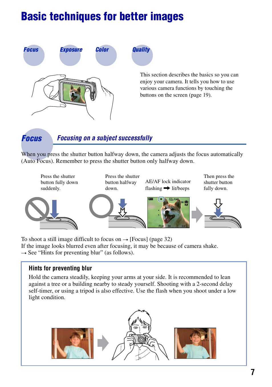 Basic techniques for better images, Focus – focusing on a subject successfully, Focus | Sony DSC-N2 User Manual | Page 7 / 132