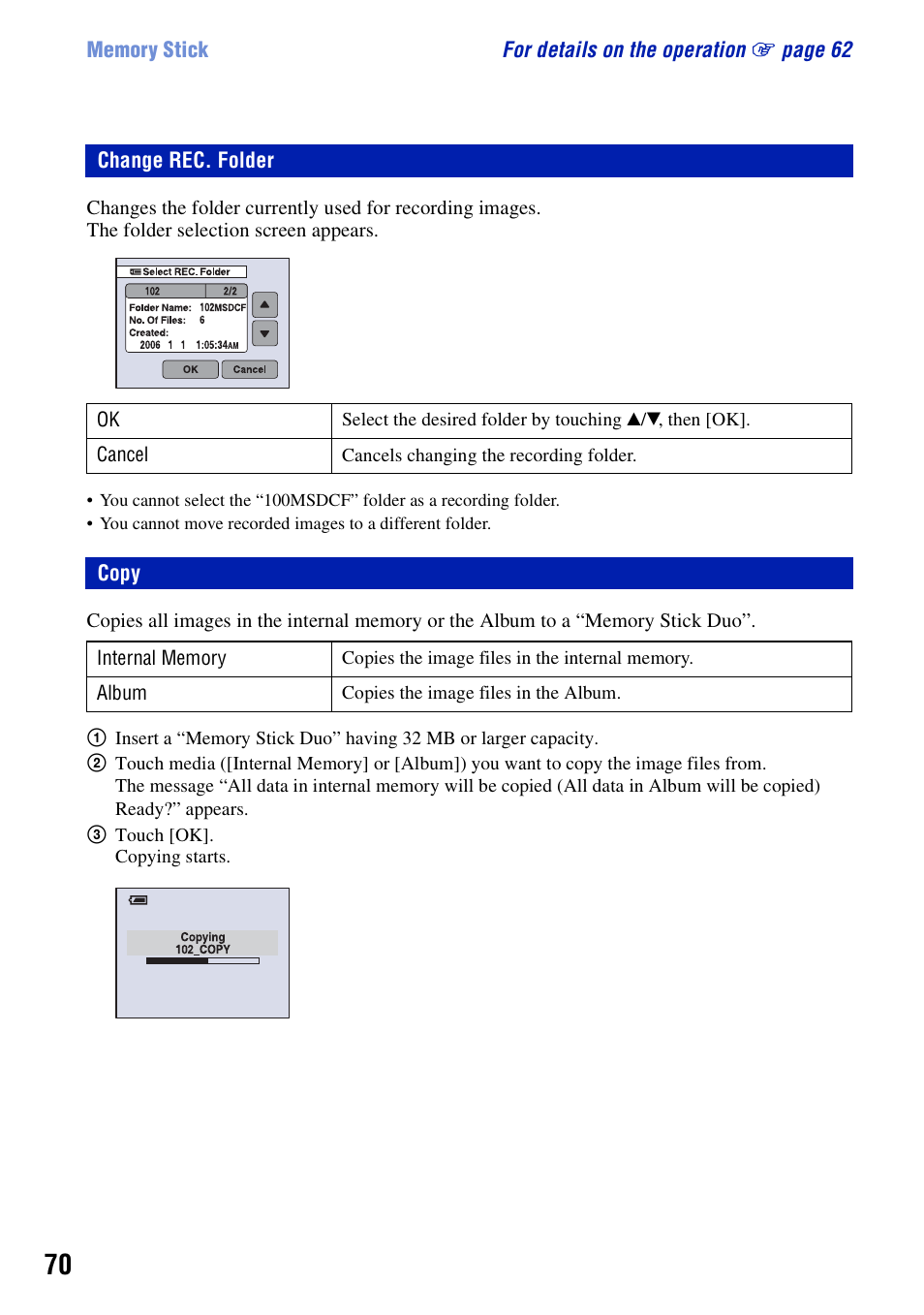 Change rec. folder, Copy, Change rec. folder copy | Sony DSC-N2 User Manual | Page 70 / 132