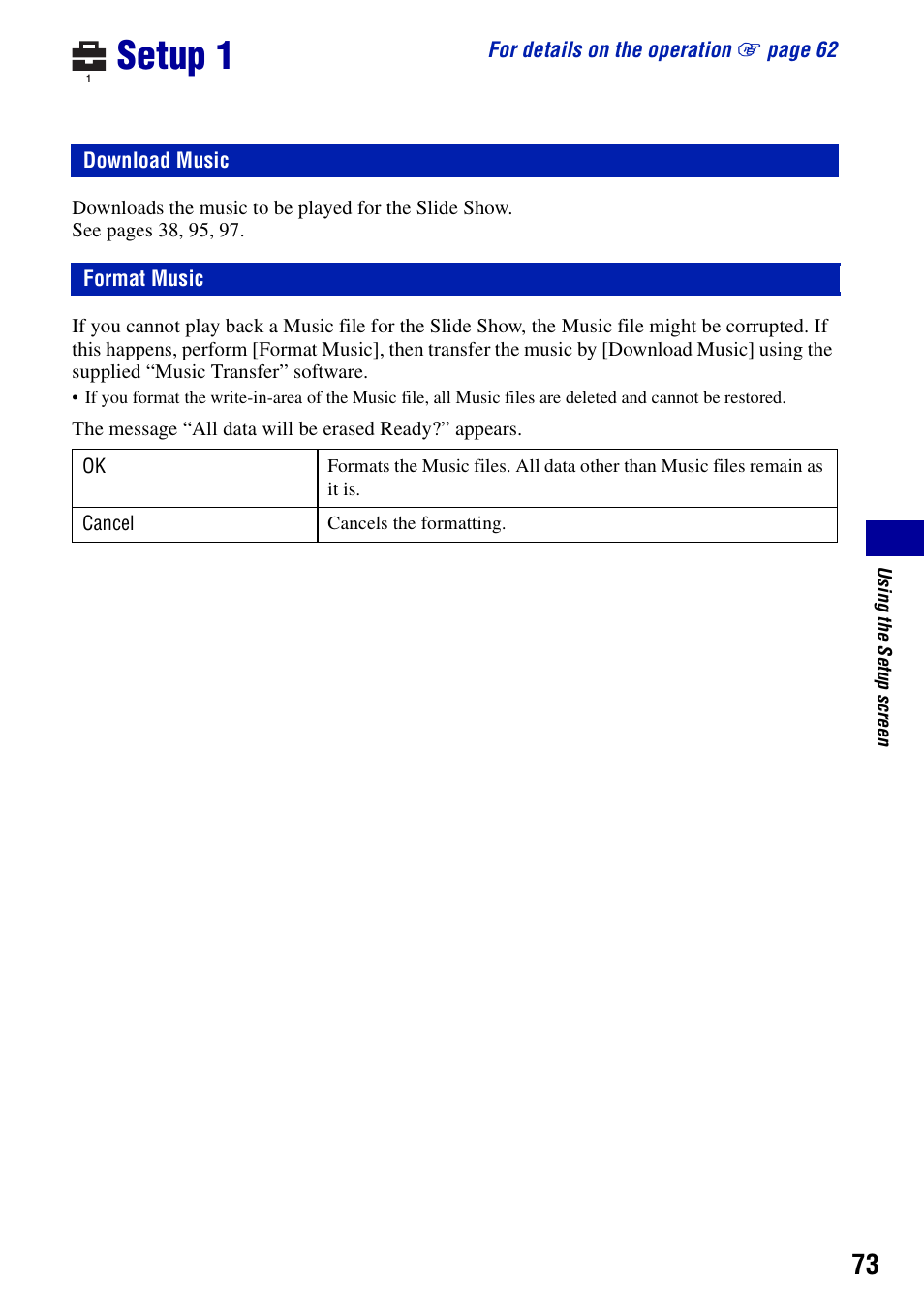 Setup 1, Download music, Format music | Sony DSC-N2 User Manual | Page 73 / 132