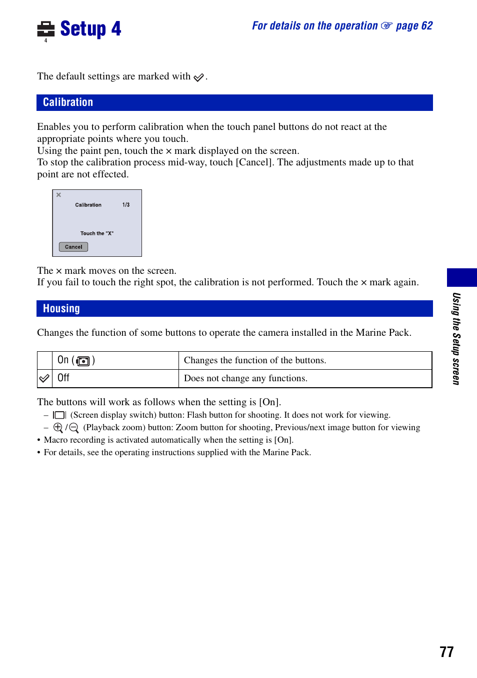 Setup 4, Calibration, Housing | Sony DSC-N2 User Manual | Page 77 / 132