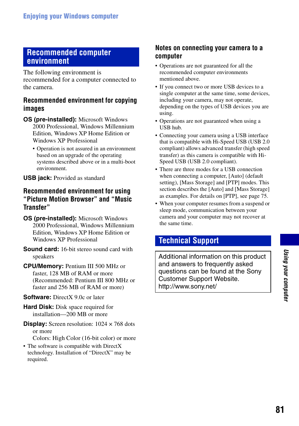 Recommended computer environment technical support | Sony DSC-N2 User Manual | Page 81 / 132