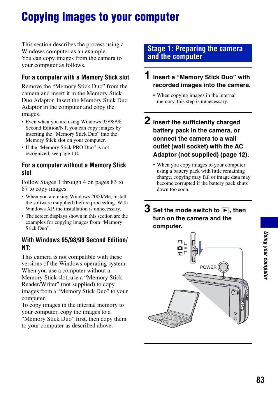 Copying images to your computer, Stage 1: preparing the camera and the computer | Sony DSC-N2 User Manual | Page 83 / 132