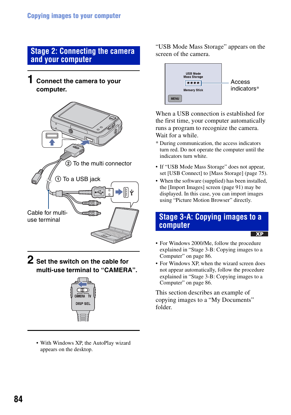 84 a, Stage 2: connecting the camera and your computer, Stage 3-a: copying images to a computer | Sony DSC-N2 User Manual | Page 84 / 132