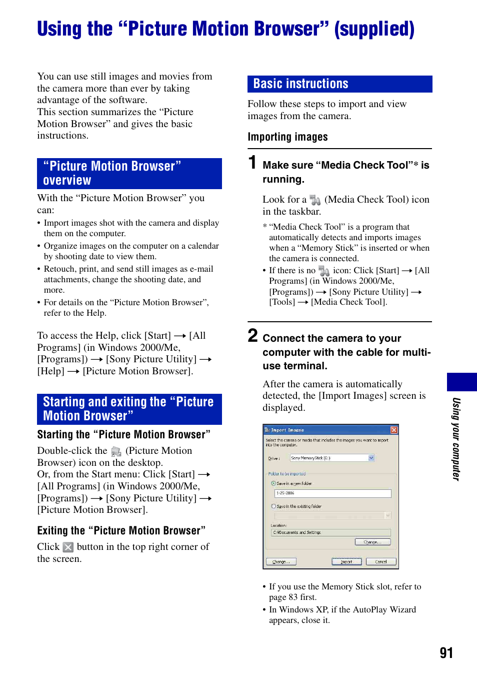 Using the “picture motion browser” (supplied), Es 91 an | Sony DSC-N2 User Manual | Page 91 / 132