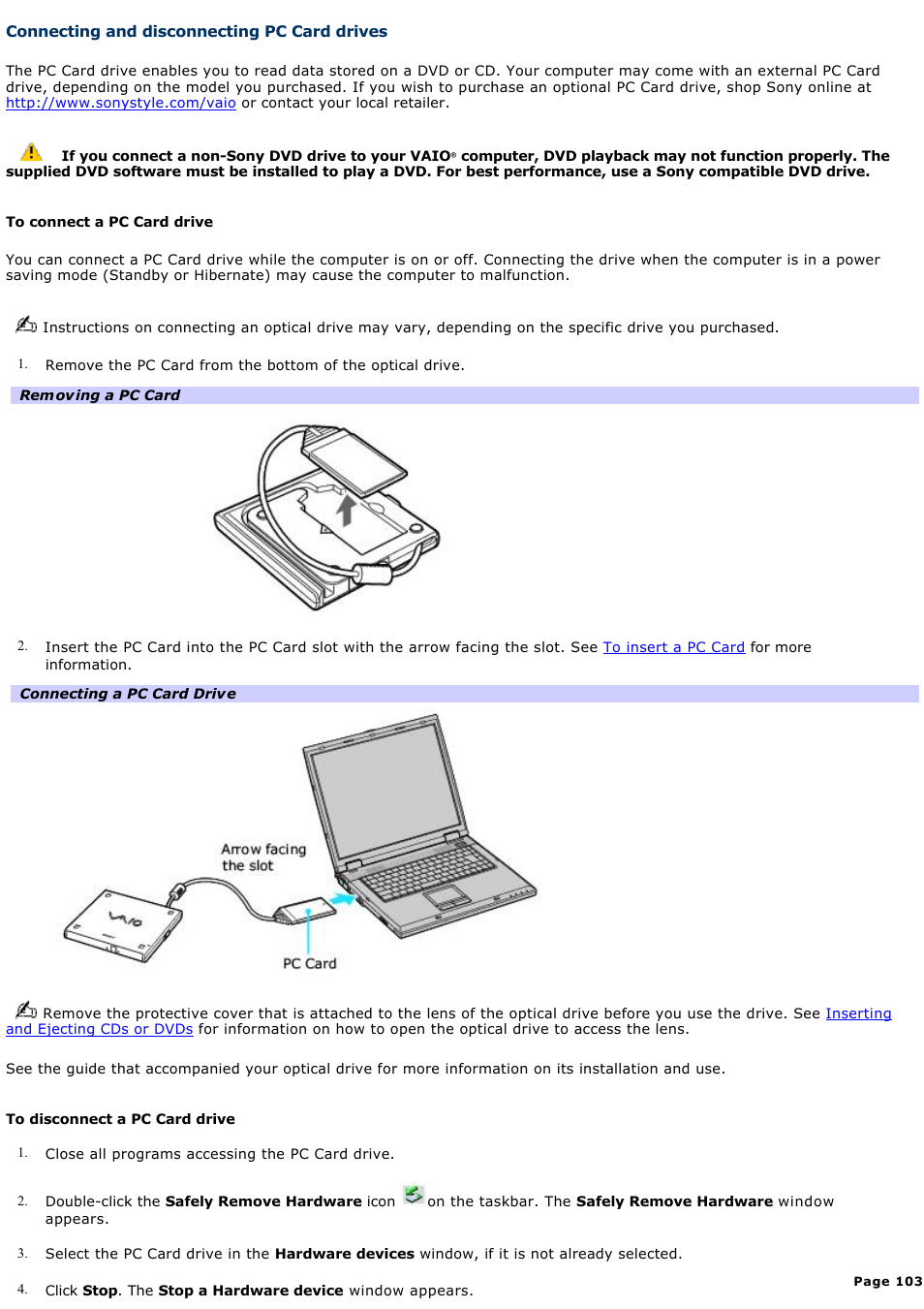 Connecting and disconnecting pc card drives | Sony PCG-GRX700P User Manual | Page 103 / 170