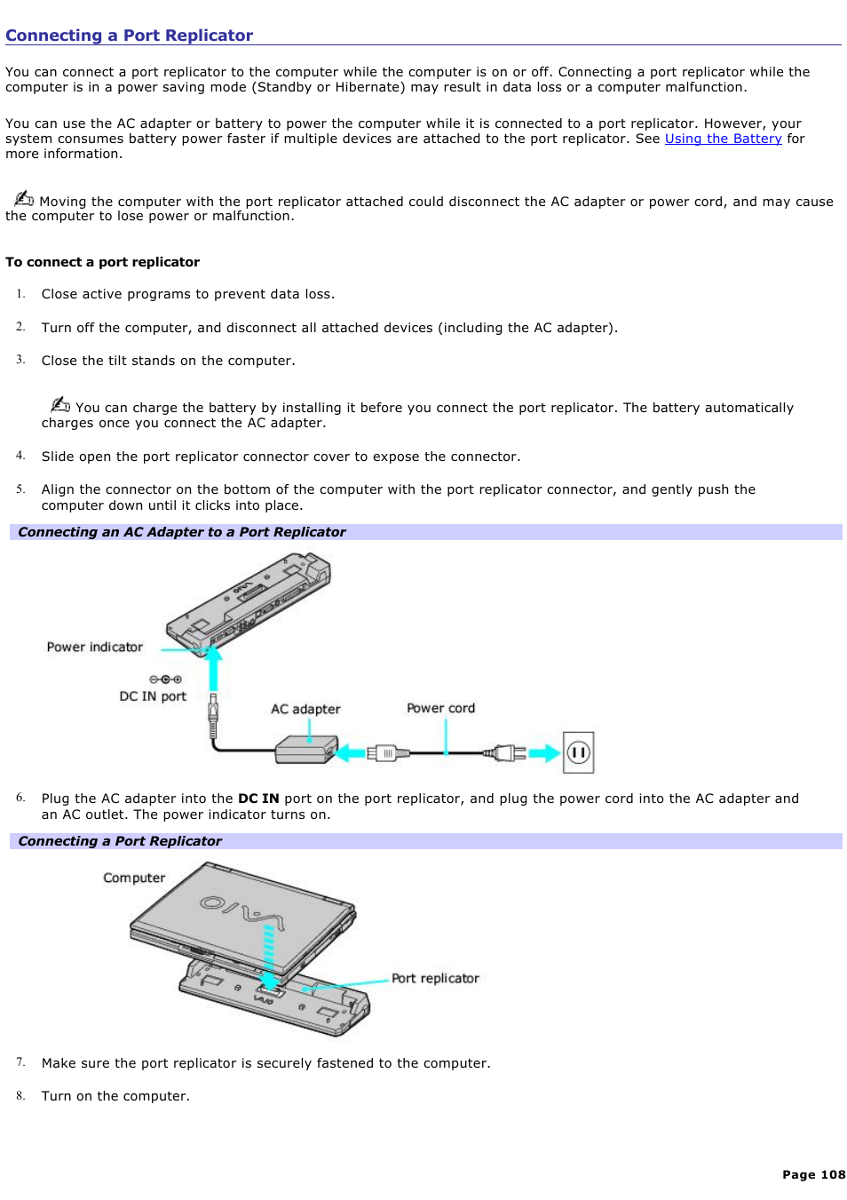 Connecting a port replicator | Sony PCG-GRX700P User Manual | Page 108 / 170