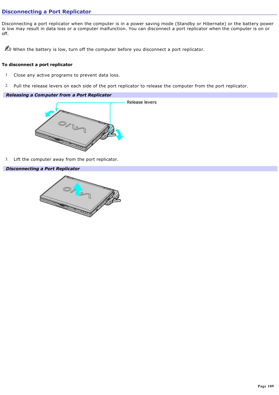 Disconnecting a port replicator | Sony PCG-GRX700P User Manual | Page 109 / 170