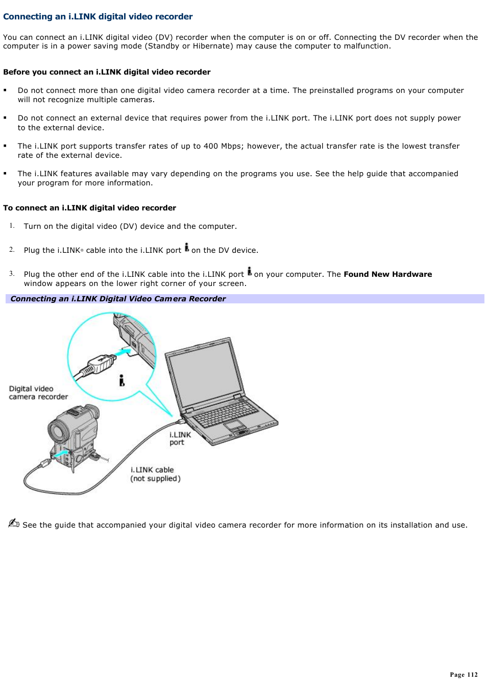 Connecting an i.link digital video recorder | Sony PCG-GRX700P User Manual | Page 112 / 170