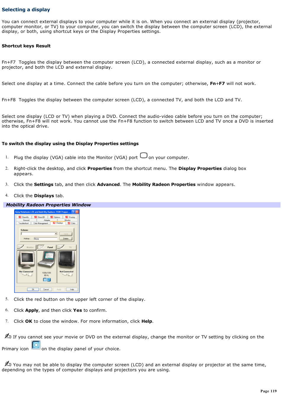 Selecting a display, Selecting a, Display | For more | Sony PCG-GRX700P User Manual | Page 119 / 170