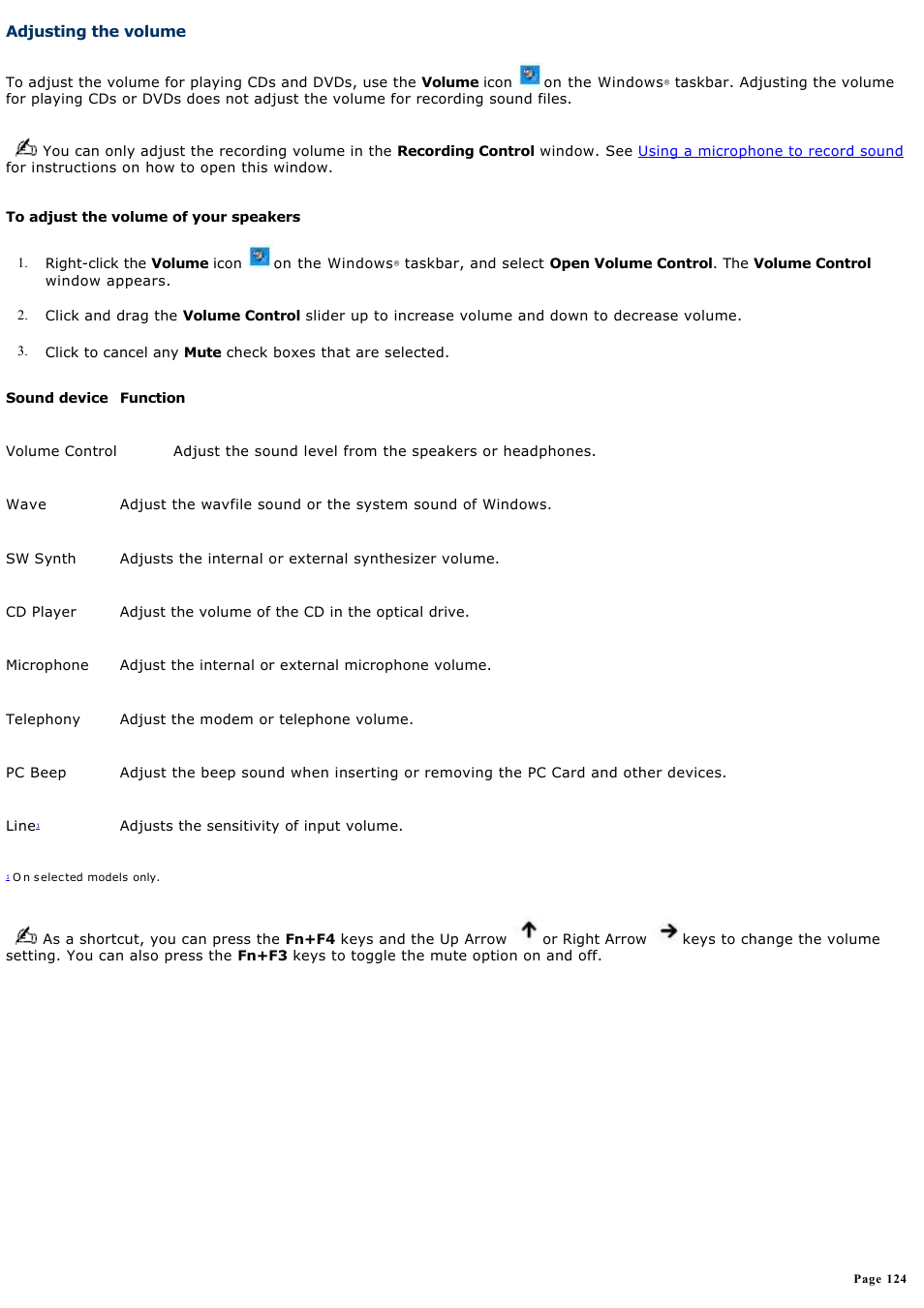Adjusting the volume | Sony PCG-GRX700P User Manual | Page 124 / 170