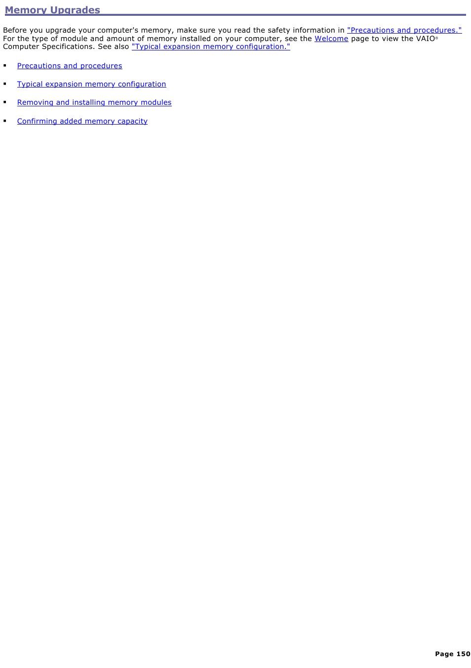 Memory upgrades | Sony PCG-GRX700P User Manual | Page 150 / 170