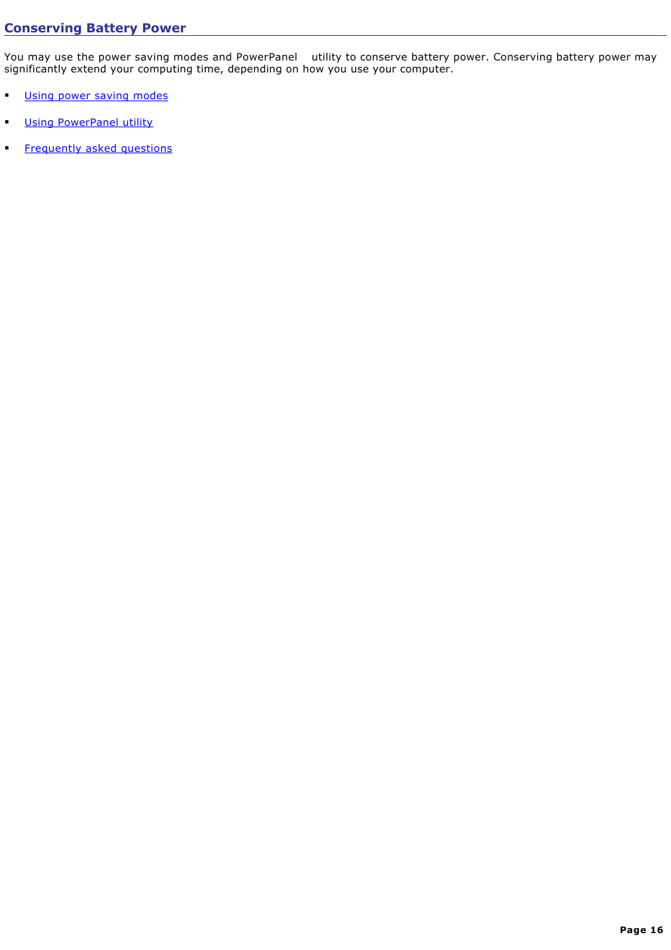 Conserving battery power, Conserving battery, Power | For more information | Sony PCG-GRX700P User Manual | Page 16 / 170